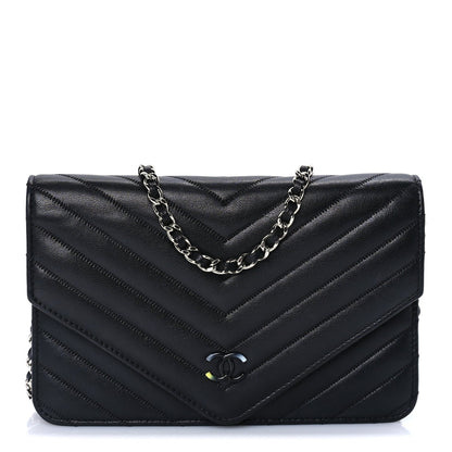 Chanel Sheepskin Chevron Wallet On Chain WOC Black 2 of 10