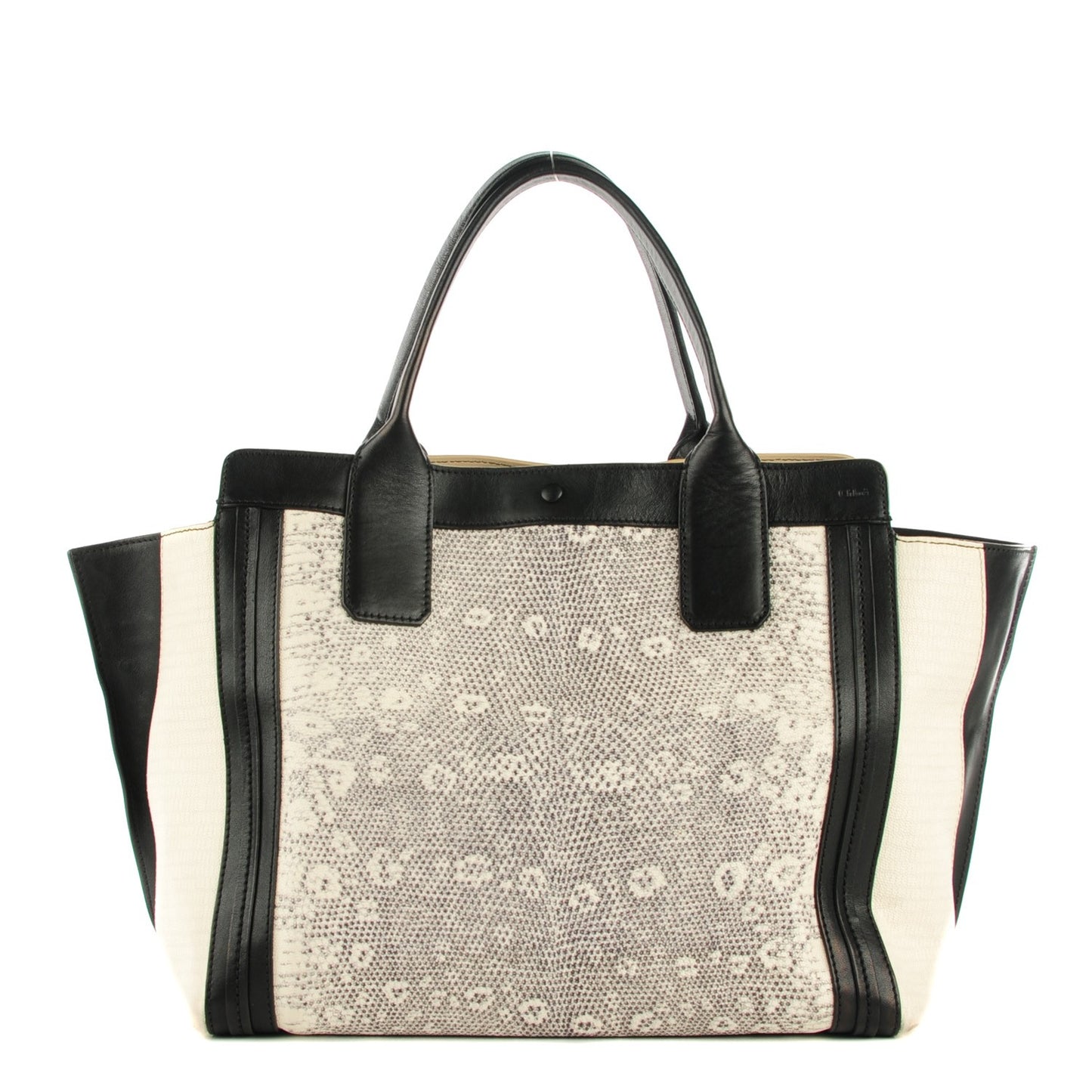 Grained Calfskin Lizard Embossed Mini Alison East West Tote Black White