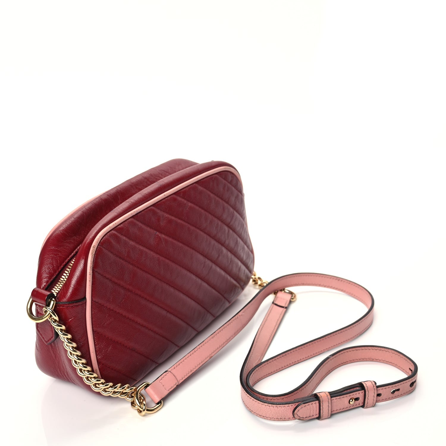Gucci Azalea Calfskin Enamel Matelasse Diagonal Small Torchon GG Marmont Chain Shoulder Bag New Cherry Red Wild Rose 1 of 14