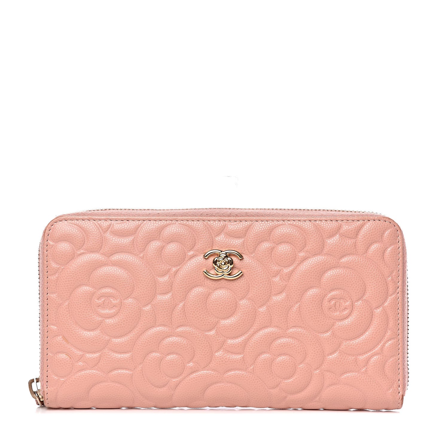 Caviar Camellia Embossed Zip Around Large Gusset Wallet Nude