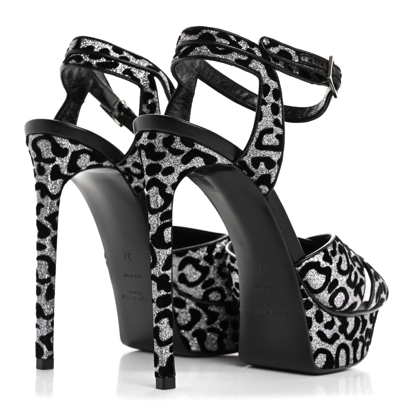 Velvet Glitter Leopard Print Platform Sandals 37 Argento Black