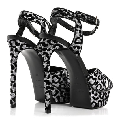 Saint Laurent Velvet Glitter Leopard Print Platform Sandals 37 Argento Black 5 of 7