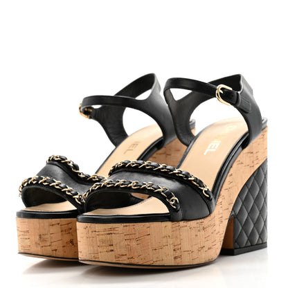 Chanel Lambskin Quilted Chain Cork Wedge Sandals 40 Black 3 of 10