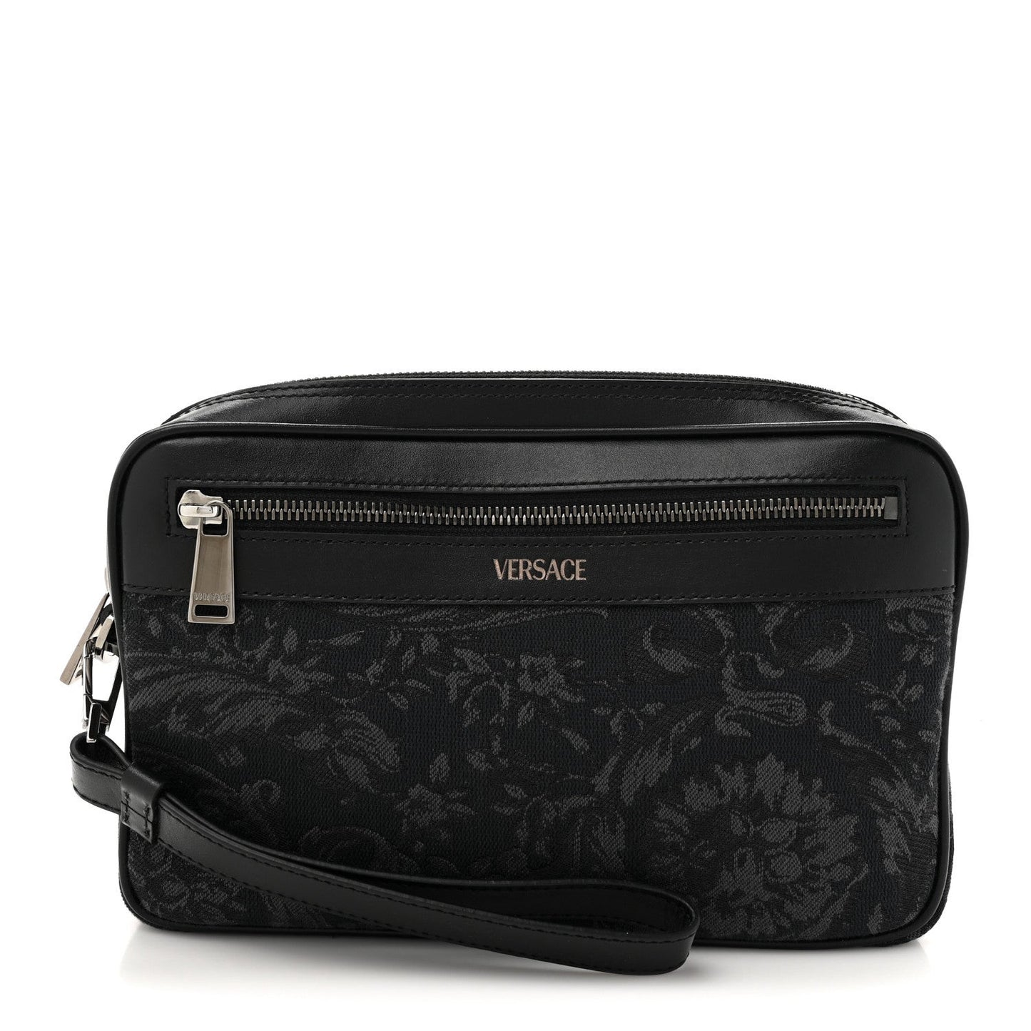 Fabric Jacquard Calfskin Barocco Wristlet Pouch Black