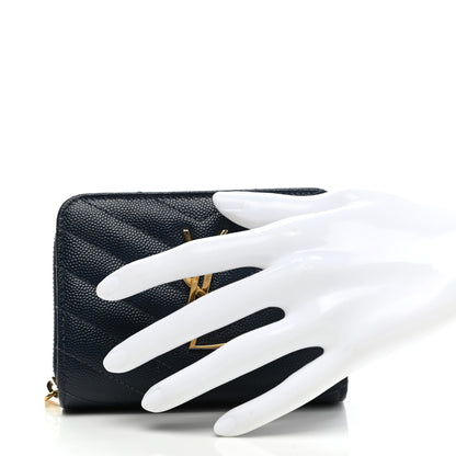 Saint Laurent Grain De Poudre Matelasse Chevron Monogram Compact Zip Around Wallet Deep Marine 2 of 12