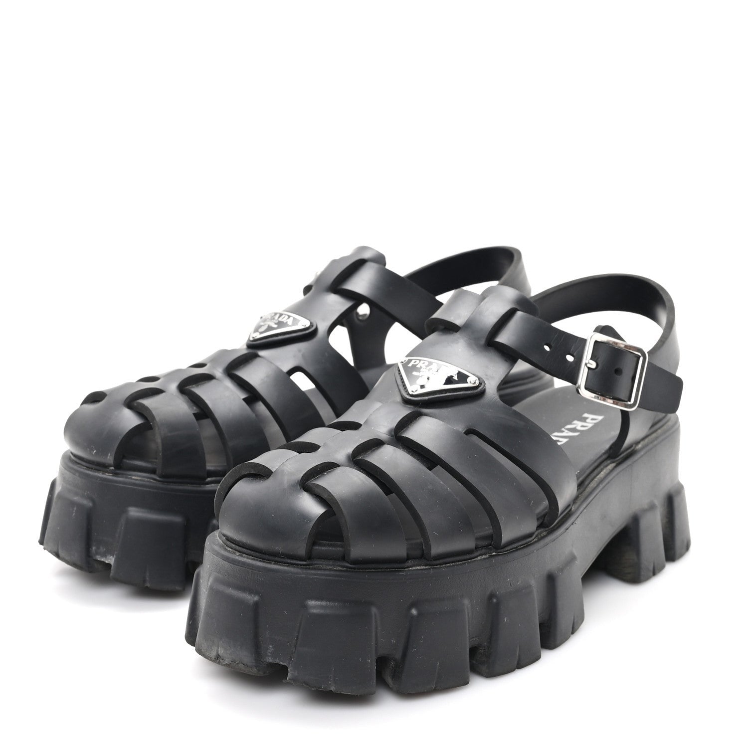 Prada Foam Rubber Triangle Logo Monolith 55mm Cage Sandals 39 Black 4 of 7