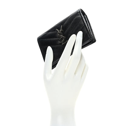 Saint Laurent Grain De Poudre Matelasse Chevron Monogram Card Case Black 2 of 7