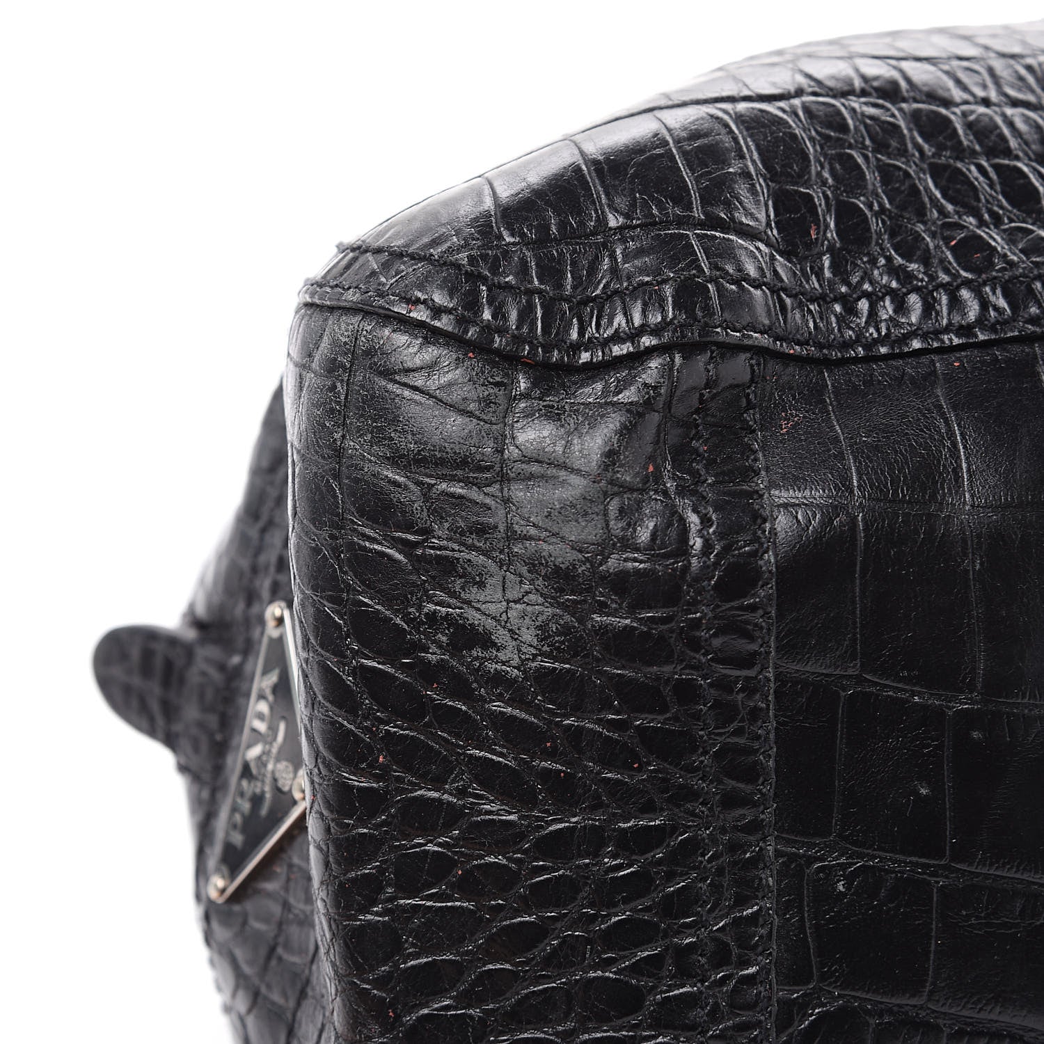 Prada Shiny Calfskin Crocodile Embossed Tote Black 9 of 17