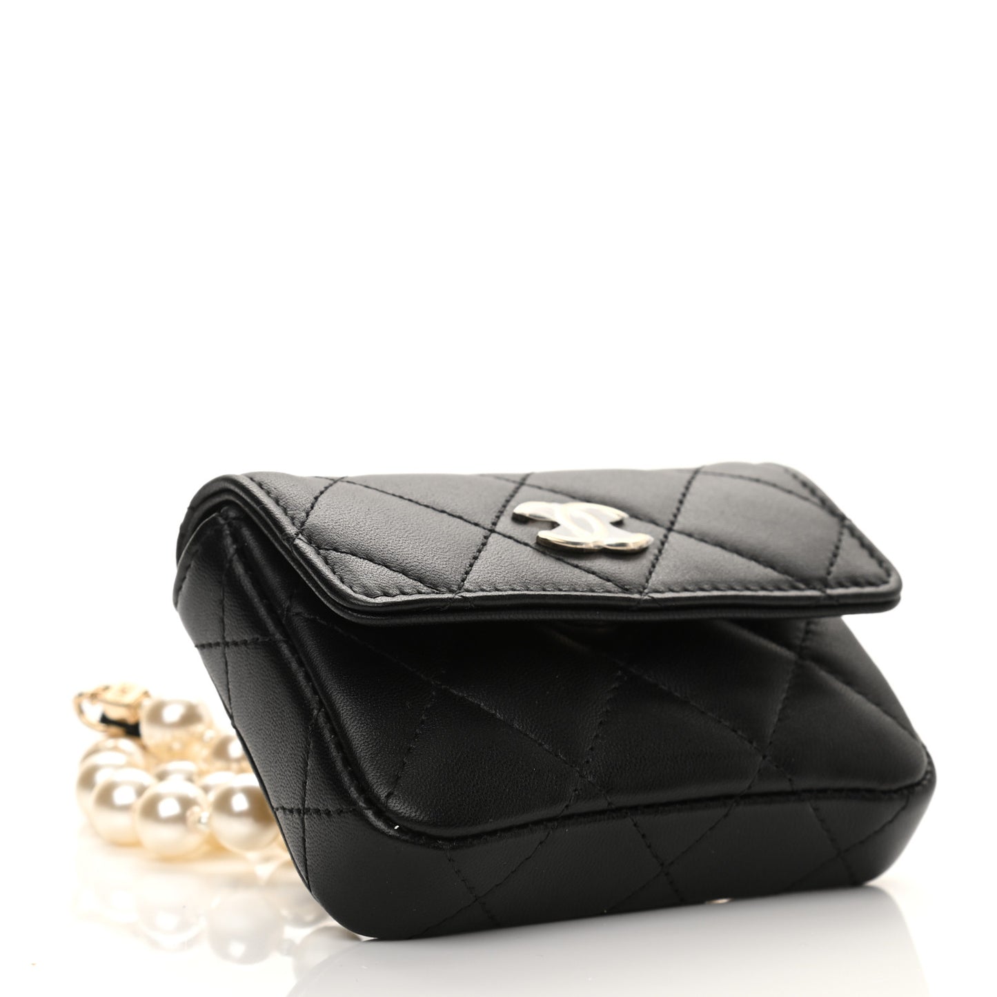 Lambskin Quilted Pearl Chain Belt Bag Black