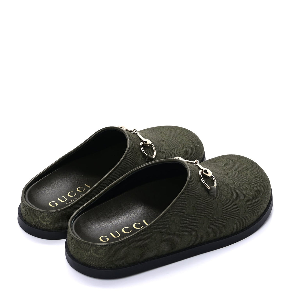 New Canvas Monogram GG Granada Kid Womens Horsebit Mules 37.5  Green