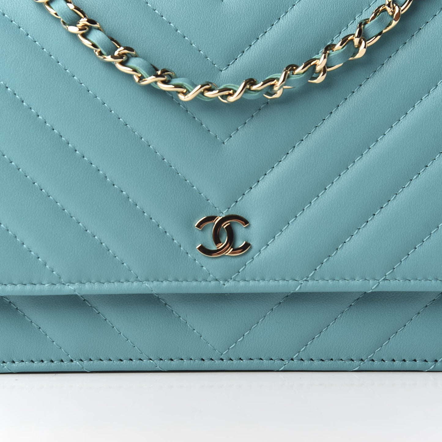 Lambskin Chevron Quilted Wallet On Chain WOC Turquoise