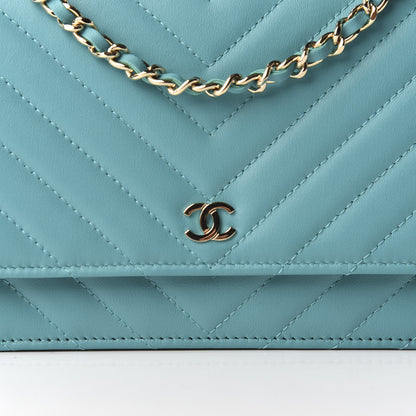 Chanel Lambskin Chevron Quilted Wallet On Chain WOC Turquoise 9 of 10