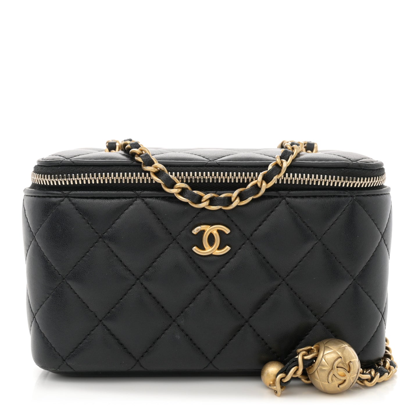 Lambskin Quilted Pearl Crush Small Vanity Case With Chain Black