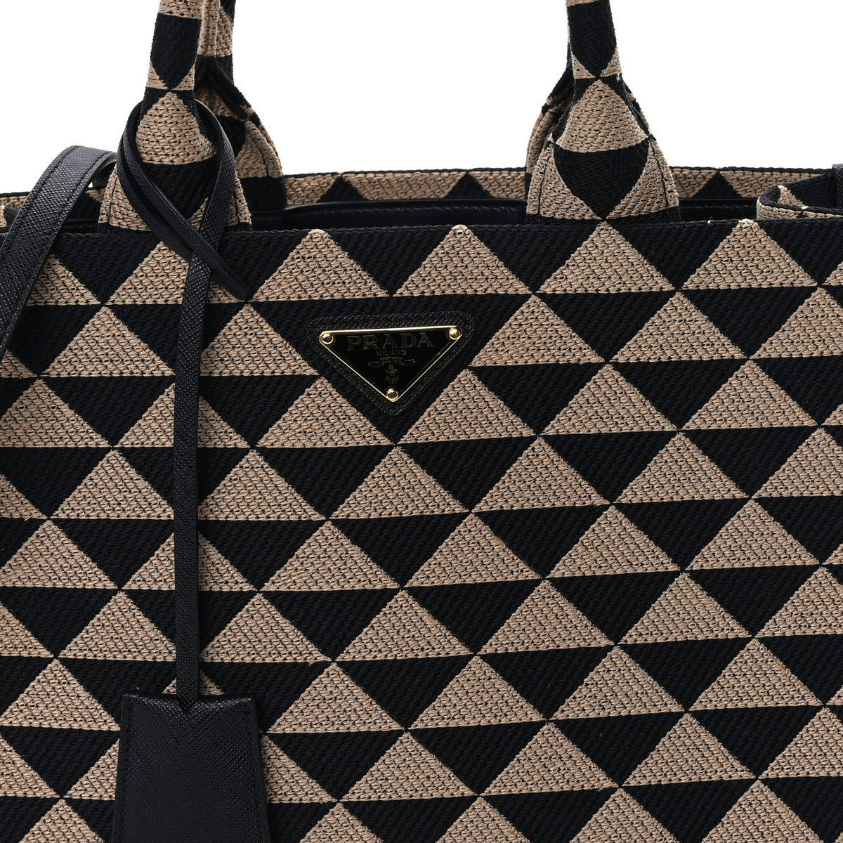 Jacquard Saffiano Triangolo Symbole Embroidered Small Tote Black Corda Beige