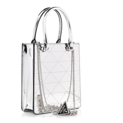 Prada Spazzolato Metal Triangle Logo Triangle Patterned Small Double Handle Crossbody Tote Argento 3 of 10