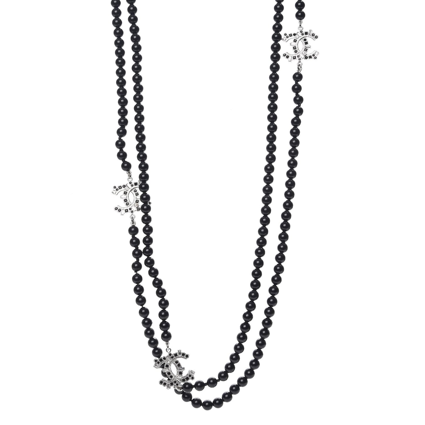 Baguette Crystal Beaded CC Long Necklace Black Silver