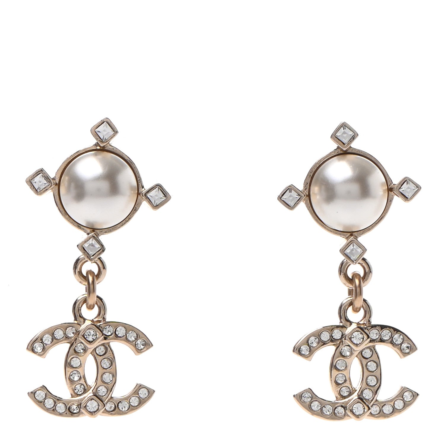 Chanel Crystal Pearl CC Drop Earrings Gold 1 of 4