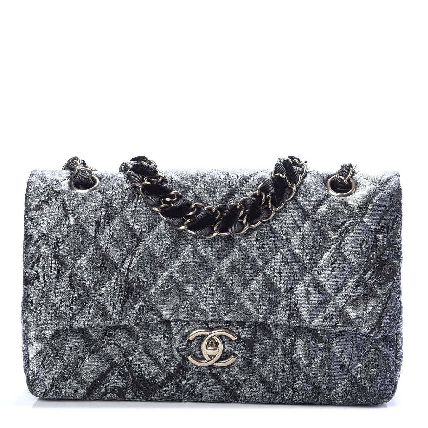 Metallic Brocade Quilted Medium Double Flap Dark Grey