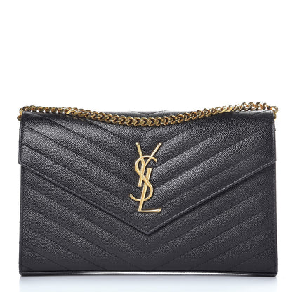 Saint Laurent Grain De Poudre Matelasse Chevron Monogram Chain Wallet Black 1 of 9