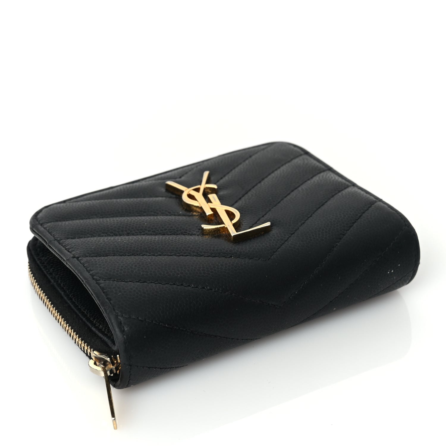 Saint Laurent Grain De Poudre Matelasse Chevron Monogram Compact Zip Around Wallet Black 4 of 7
