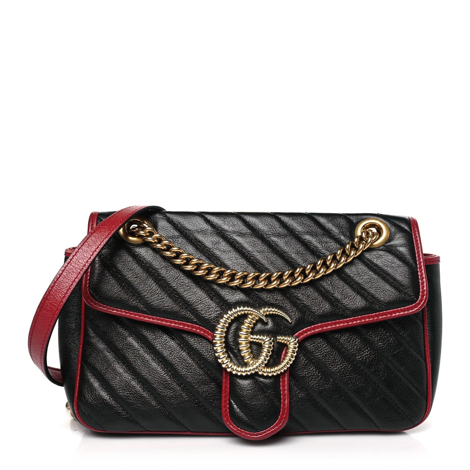Gucci Vintage Effect Calfskin Matelasse Diagonal Small Torchon GG Marmont Shoulder Bag Black Romantic Cherry 1 of 11