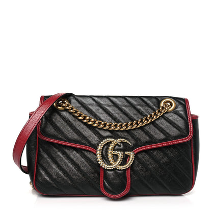 Gucci Vintage Effect Calfskin Matelasse Diagonal Small Torchon GG Marmont Shoulder Bag Black Romantic Cherry 1 of 11