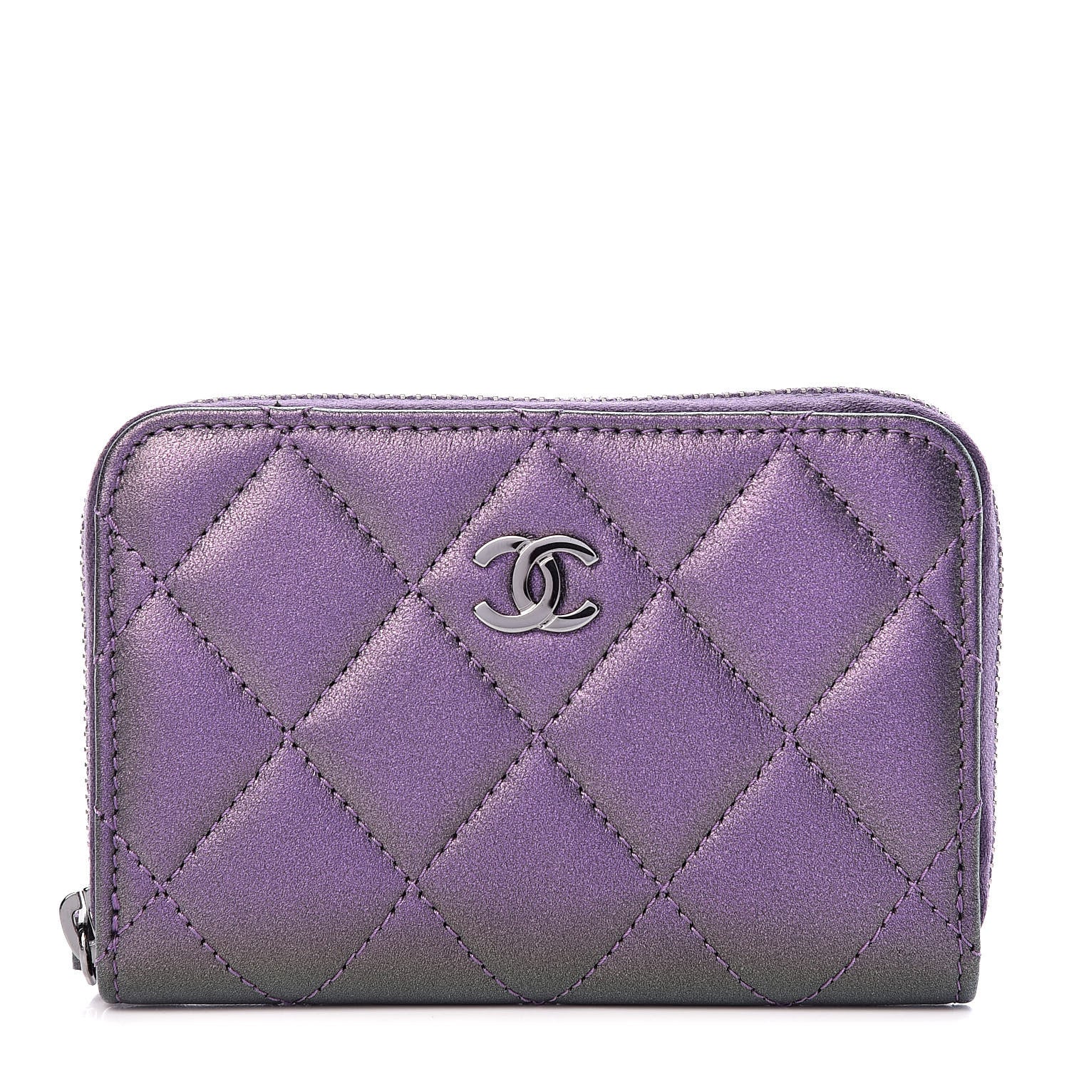 Chanel Metallic Lambskin Quilted Zip Around Coin Purse Wallet Dark Purple 1 of 8