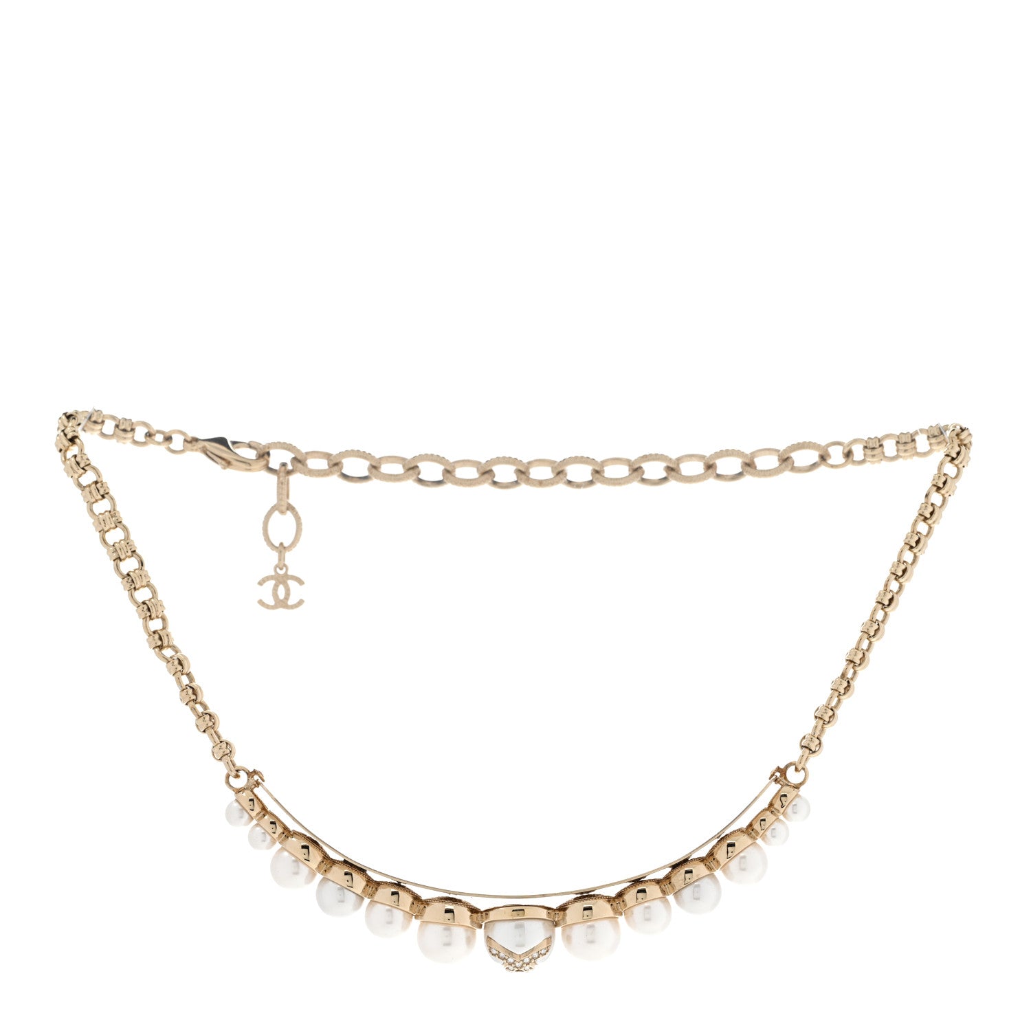 Chanel Pearl Crystal CC Choker Necklace Gold Pearly White 3 of 6