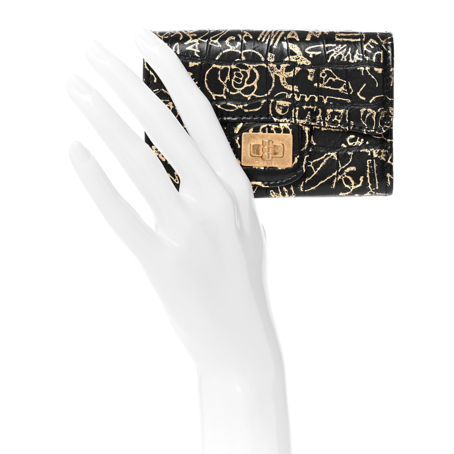 Calfskin Crocodile Embossed Graffiti 2.55 Crocodile Reissue Flap Card Holder Black Gold