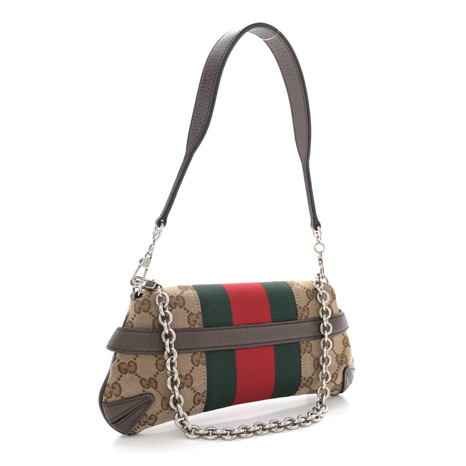 Gucci Monogram Textured Dollar Calfskin Heavy Grosgrain Web Small Maxi Horsebit Chain Shoulder Bag Beige Ebony New Acero 3 of 13