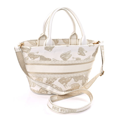 Christian Dior Canvas Embroidered Butterfly Brocart Hat Basket Bag White Gold 3 of 9
