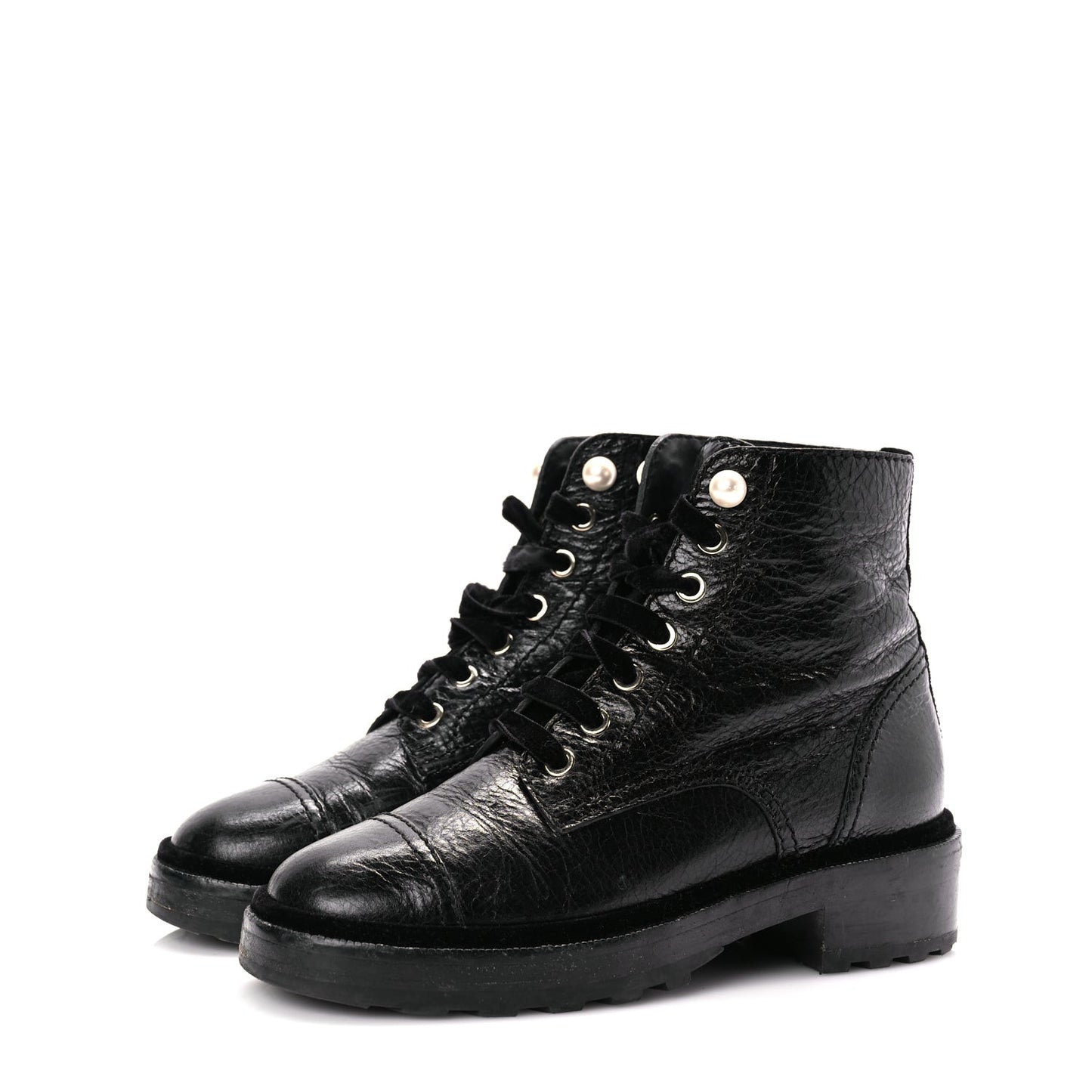 Shiny Calfskin Velvet Pearl Combat Short Boots  Black