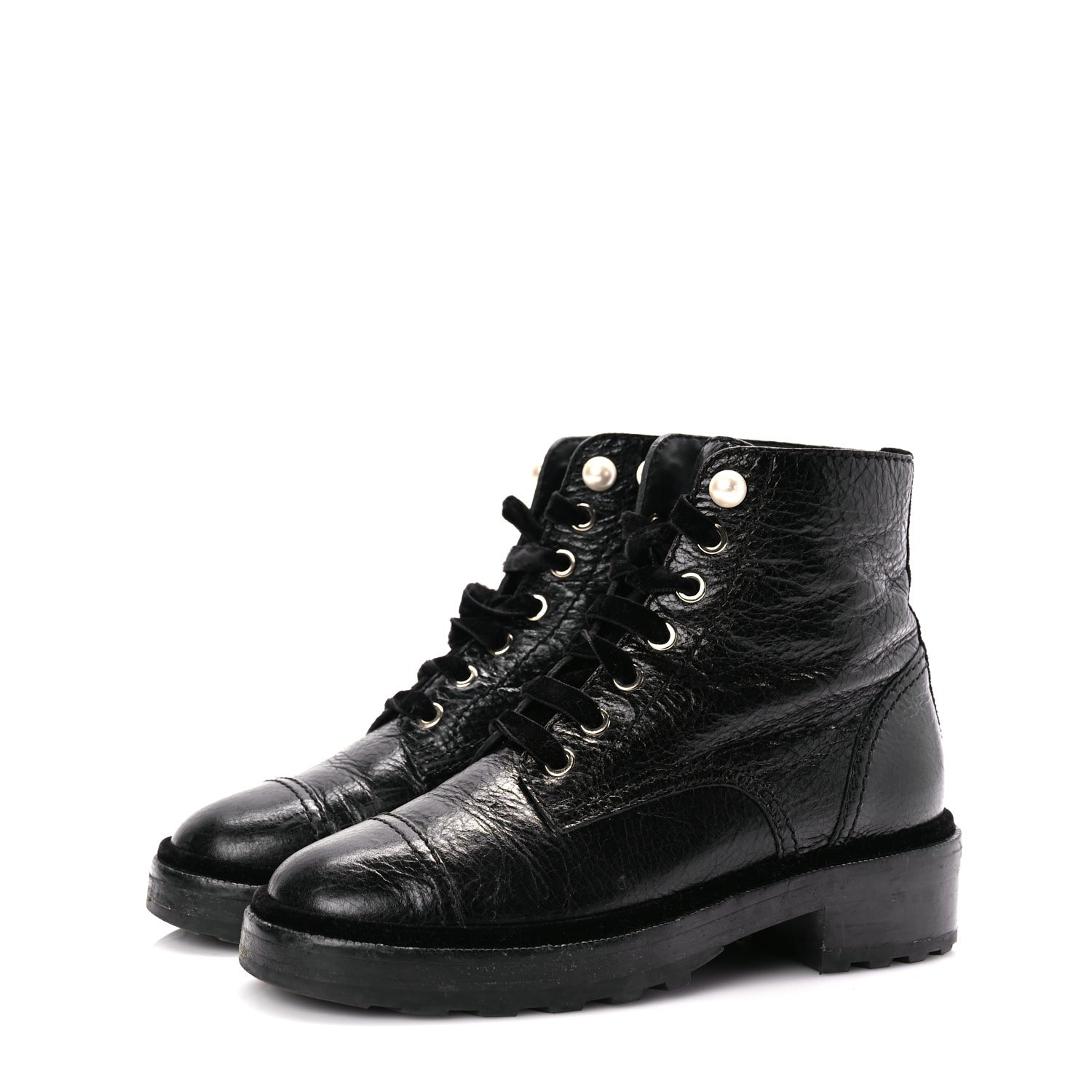 Chanel Shiny Calfskin Velvet Pearl Combat Short Boots  Black 4 of 10