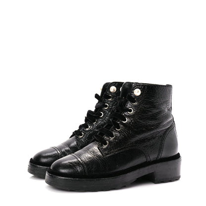 Chanel Shiny Calfskin Velvet Pearl Combat Short Boots  Black 4 of 10