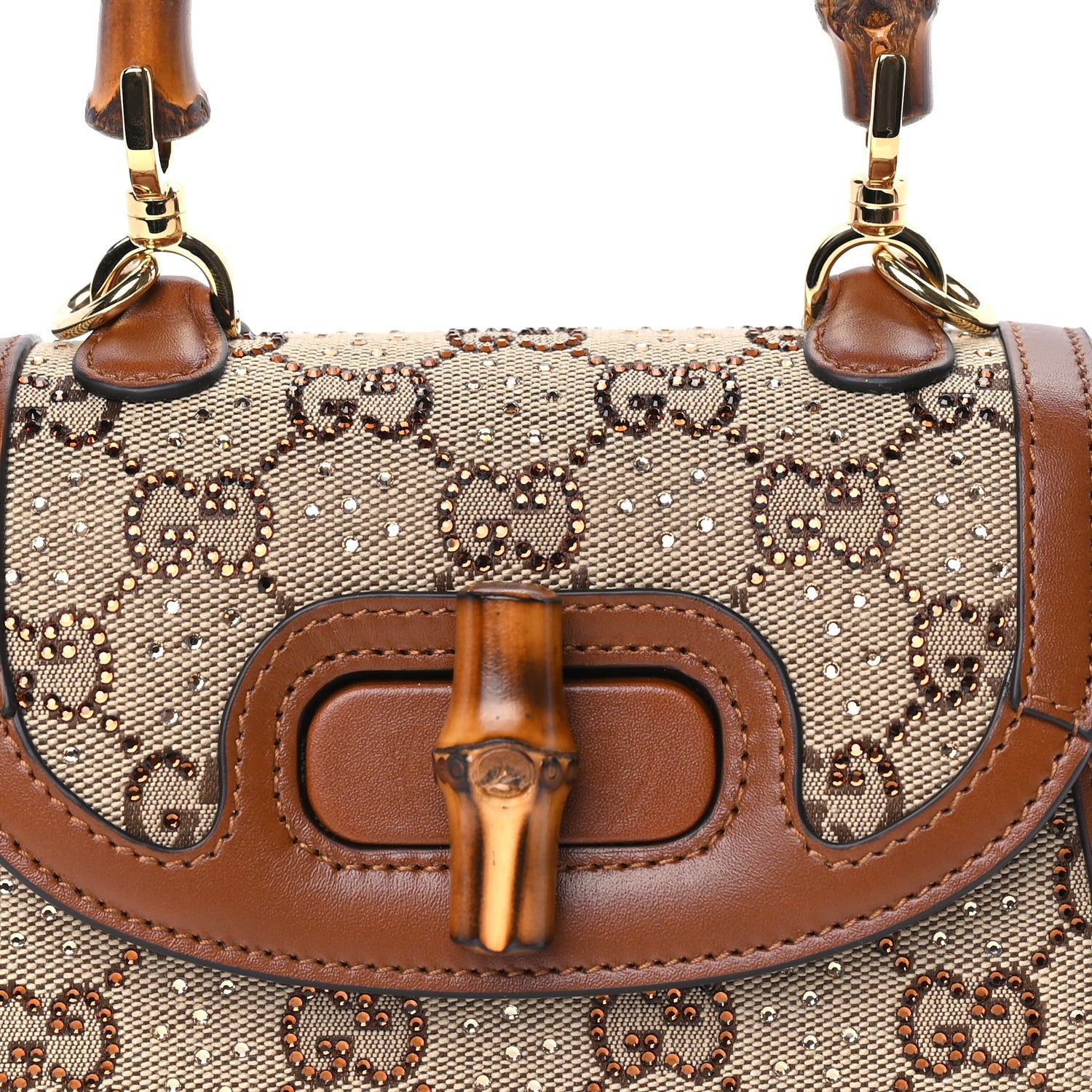 Gucci New Canvas Charisma Calfskin Crystal GG Monogram Small Bamboo 1947 Top Handle Bag Camel Ebony 6 of 7