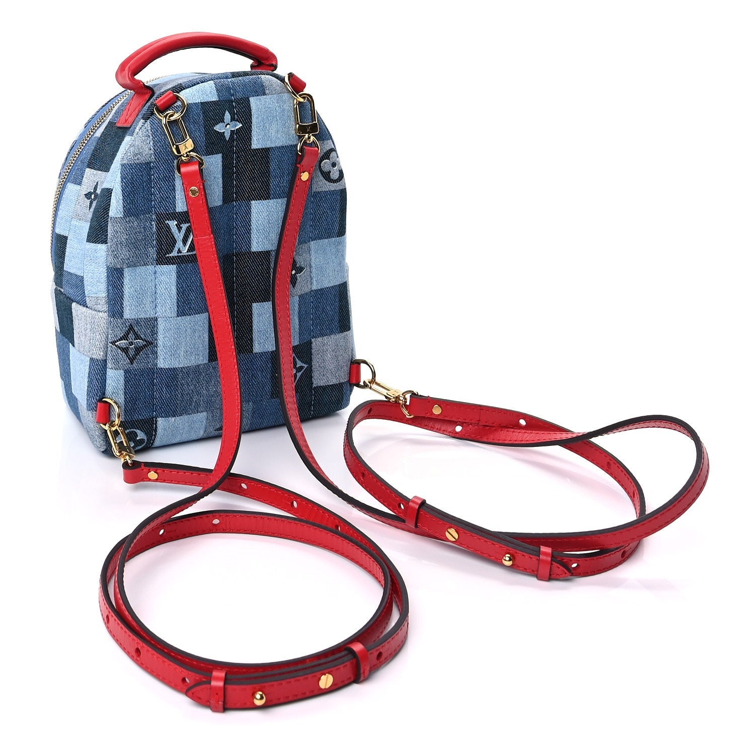 Louis Vuitton Denim Damier Monogram Patchwork Palm Springs Backpack Mini Blue Rouge 2 of 8