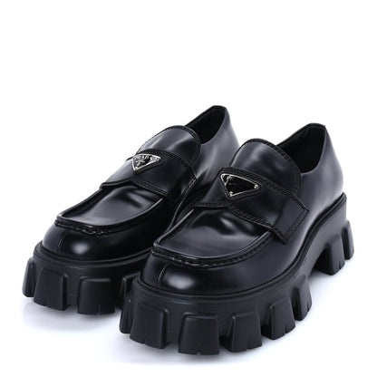 Prada Spazzolato Rois Metal Triangle Logo Mens Monolith 55mm Loafers 8 Black 2 of 7