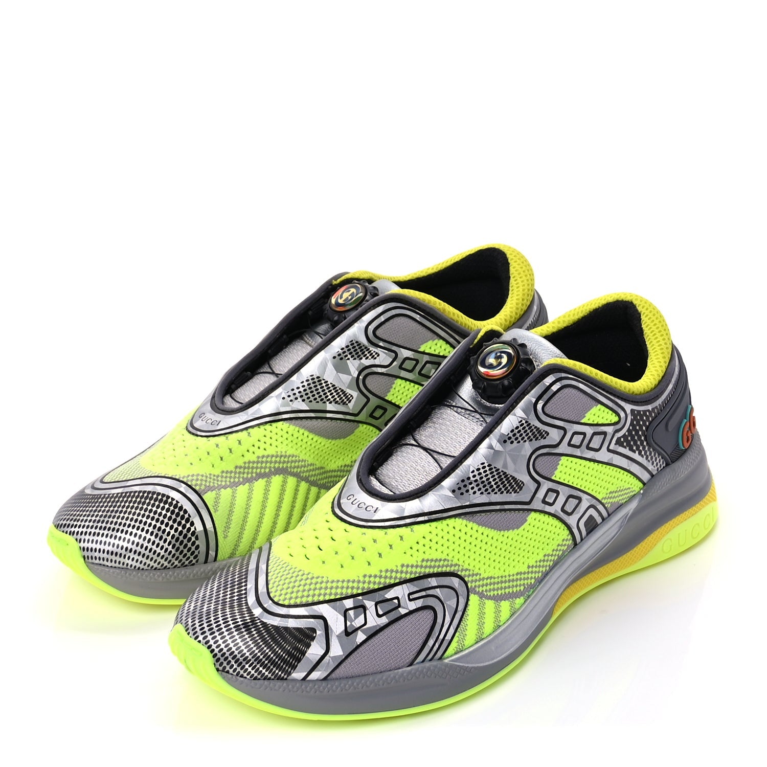 Gucci Fabric Mens Ultrapace R Mid Top Sneakers 7.5 Grey Neon Yellow Silver Loess 4 of 10
