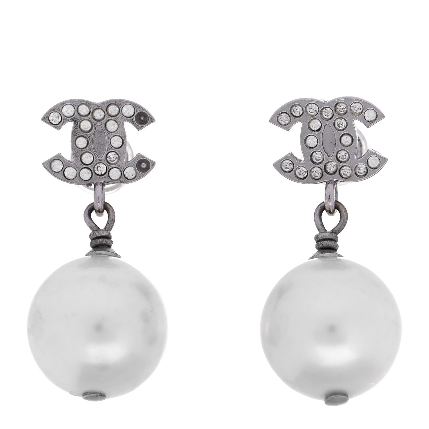 Chanel Crystal Pearl CC Drop Earrings Silver 1 of 4
