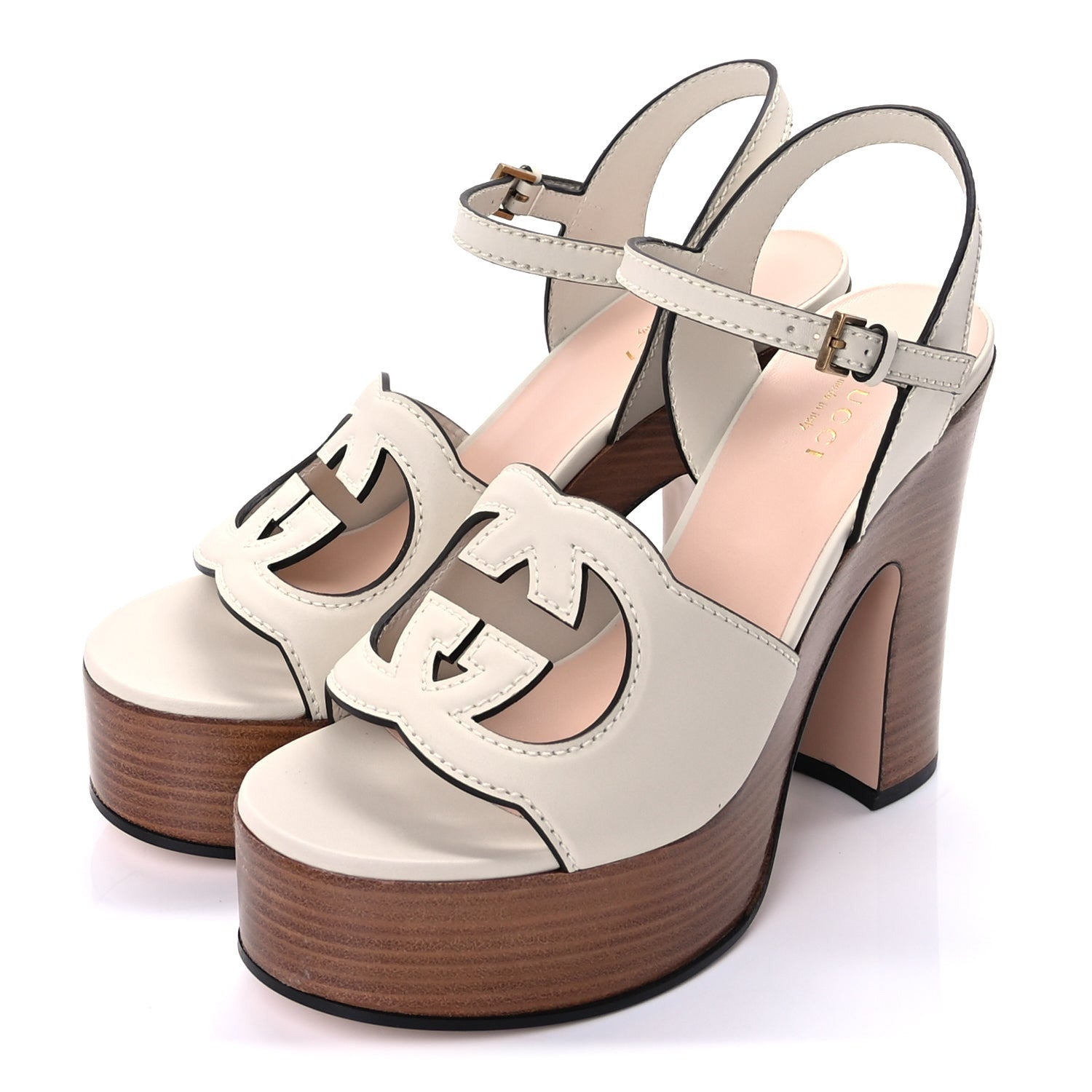 Gucci Cosmos Softy Calfskin Wooden Interlocking G Cut-Out 30/120mm Platform Sandals 37  Mystic White 3 of 9