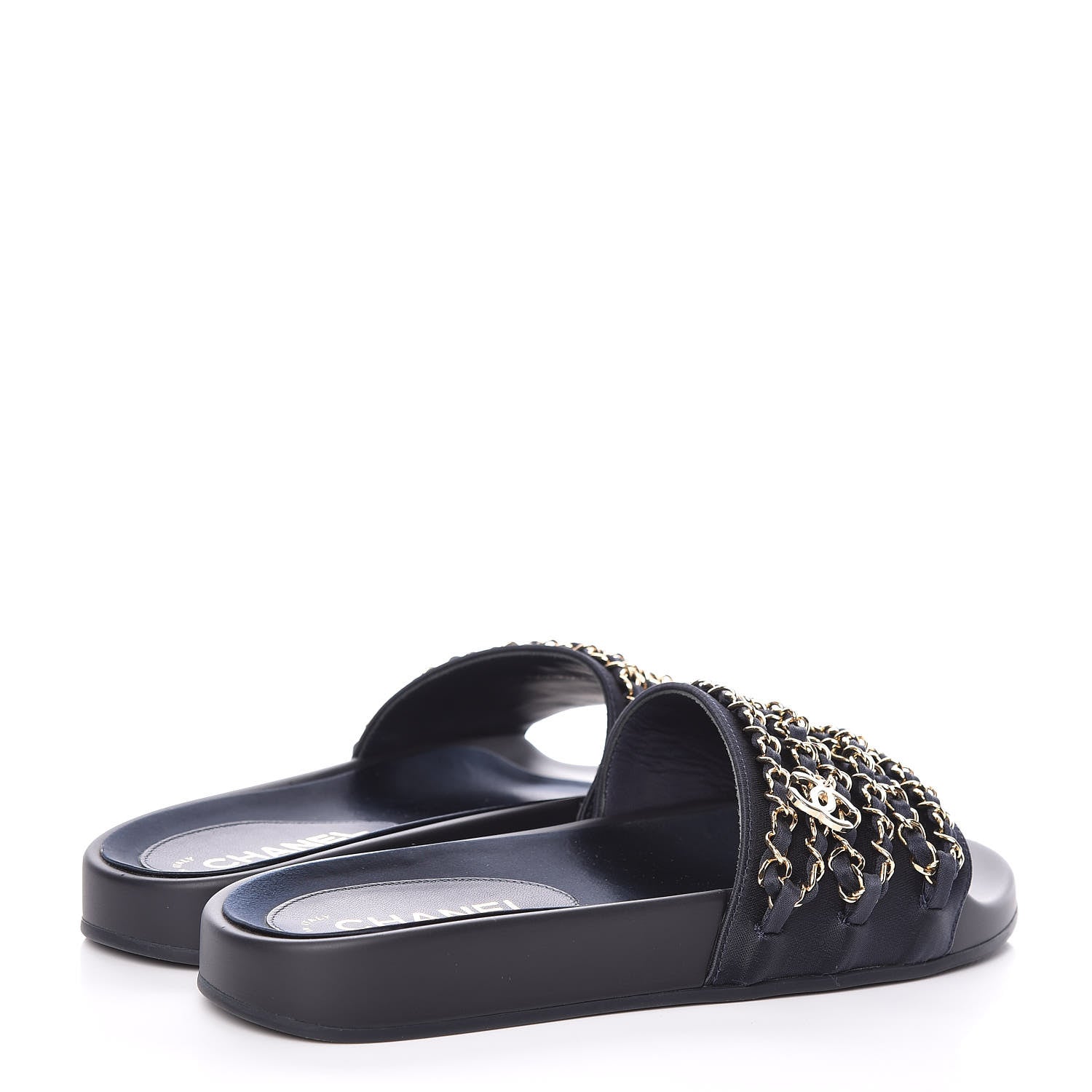 Chanel Satin Chain Slides Sandals Flats 37 Marine 4 of 11
