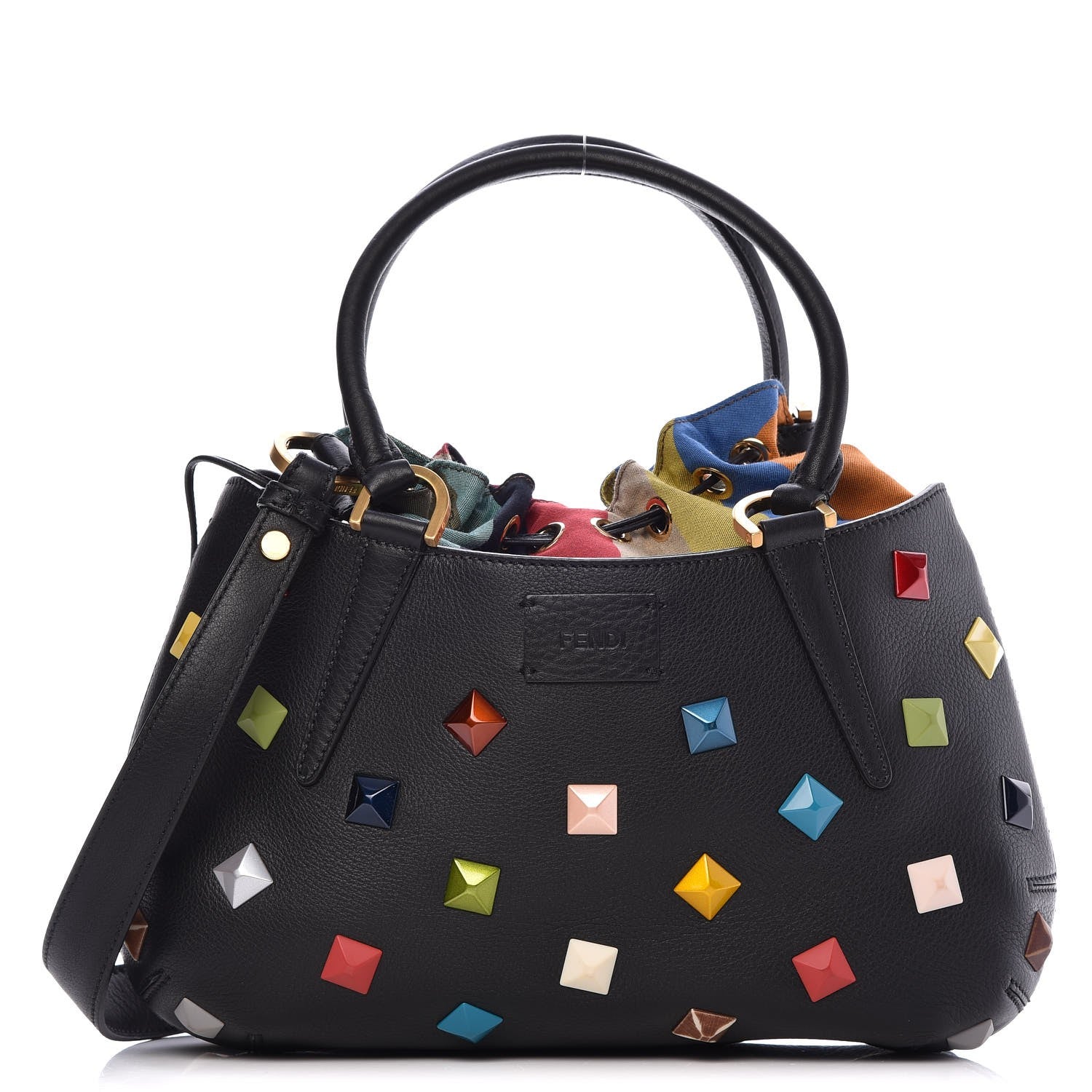 Fendi Calfskin Studded Small Drawstring Satchel Black Multicolor 1 of 10