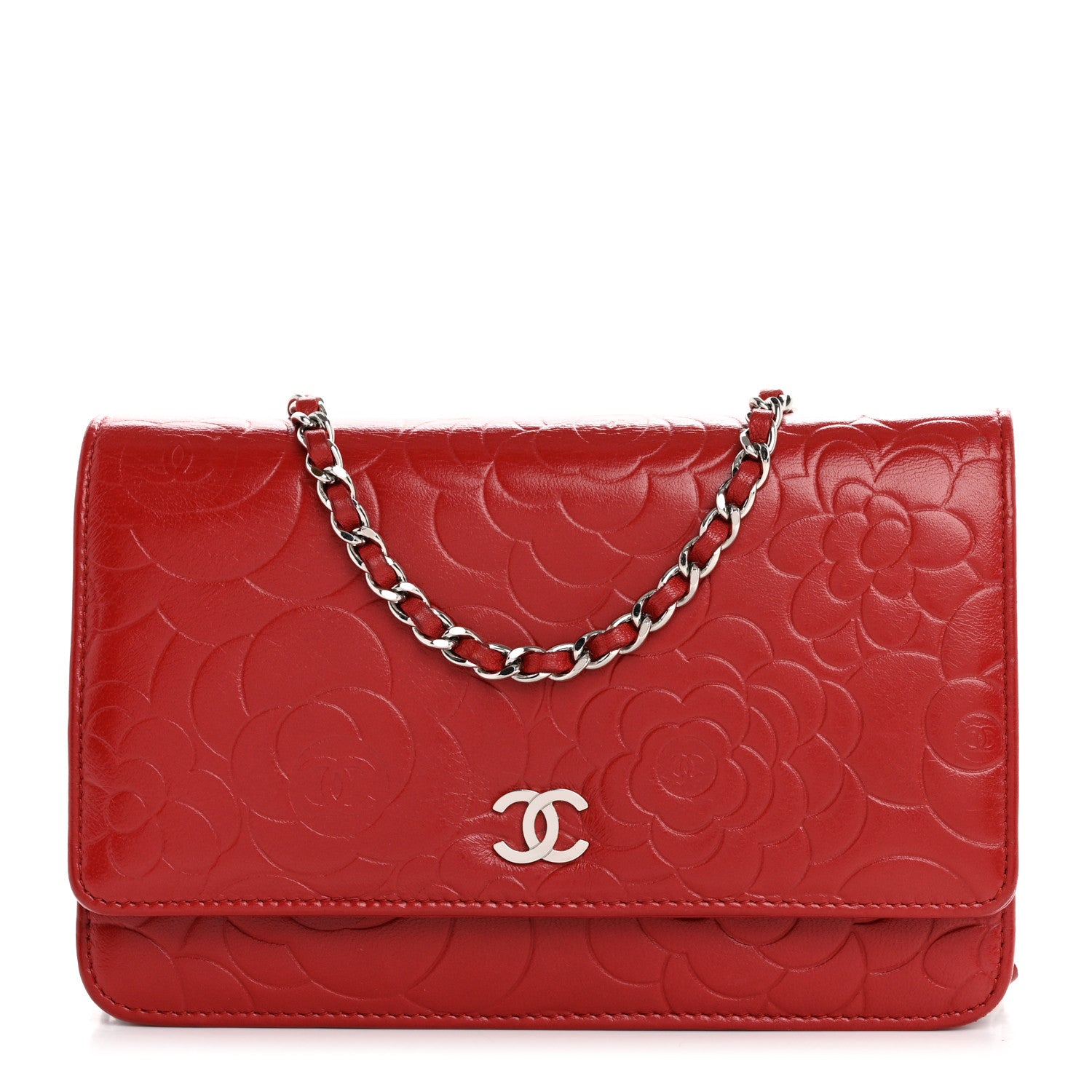 Chanel Lambskin Camellia Embossed Wallet on Chain WOC Red 1 of 14