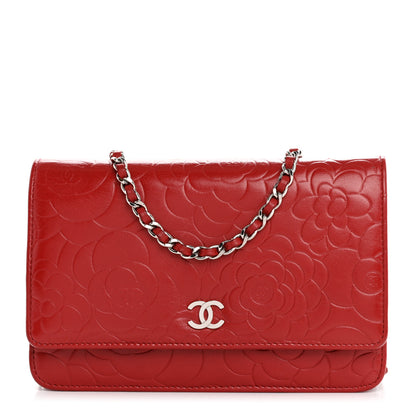 Chanel Lambskin Camellia Embossed Wallet on Chain WOC Red 1 of 14