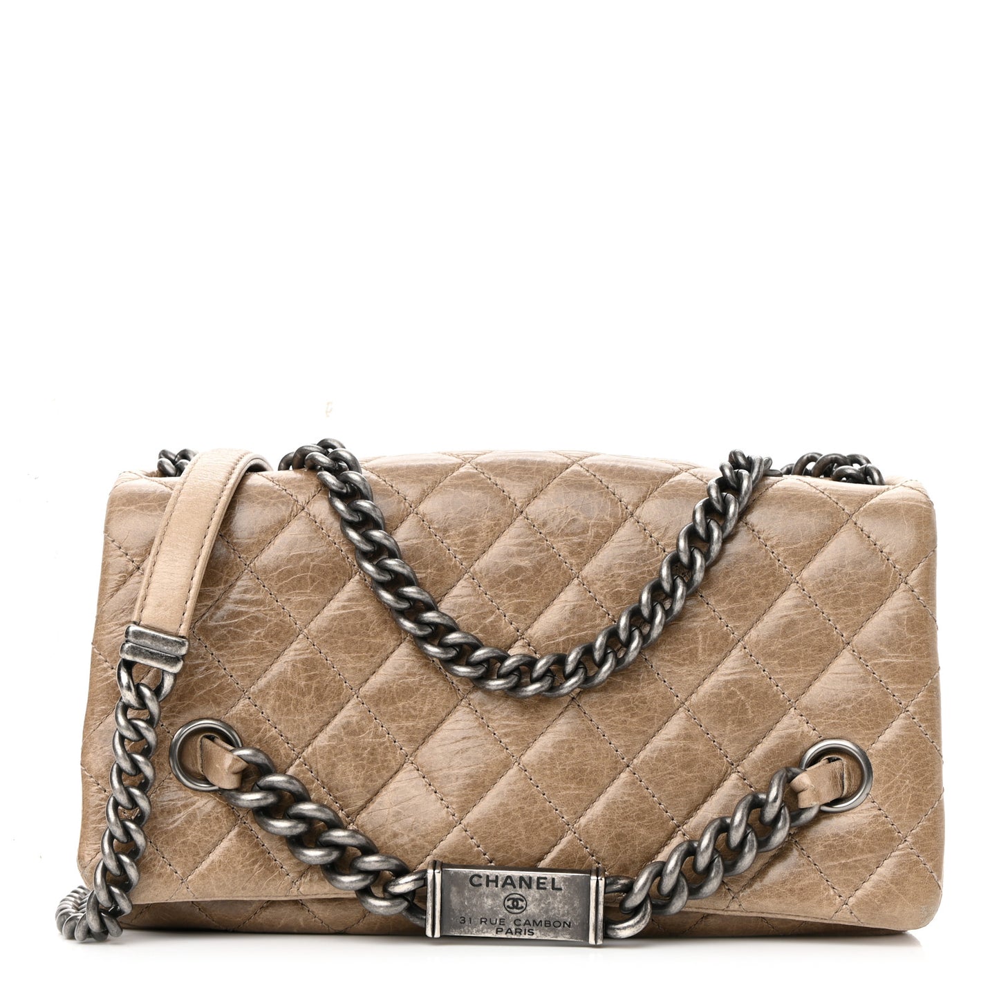 Glazed Calfskin Nameplate Flap Beige