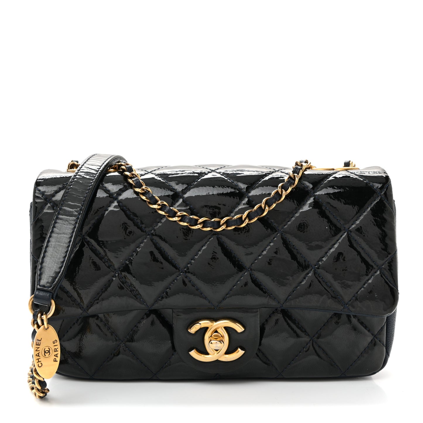 Patent Goatskin Quilted Medium CC Eyelet Flap Blue