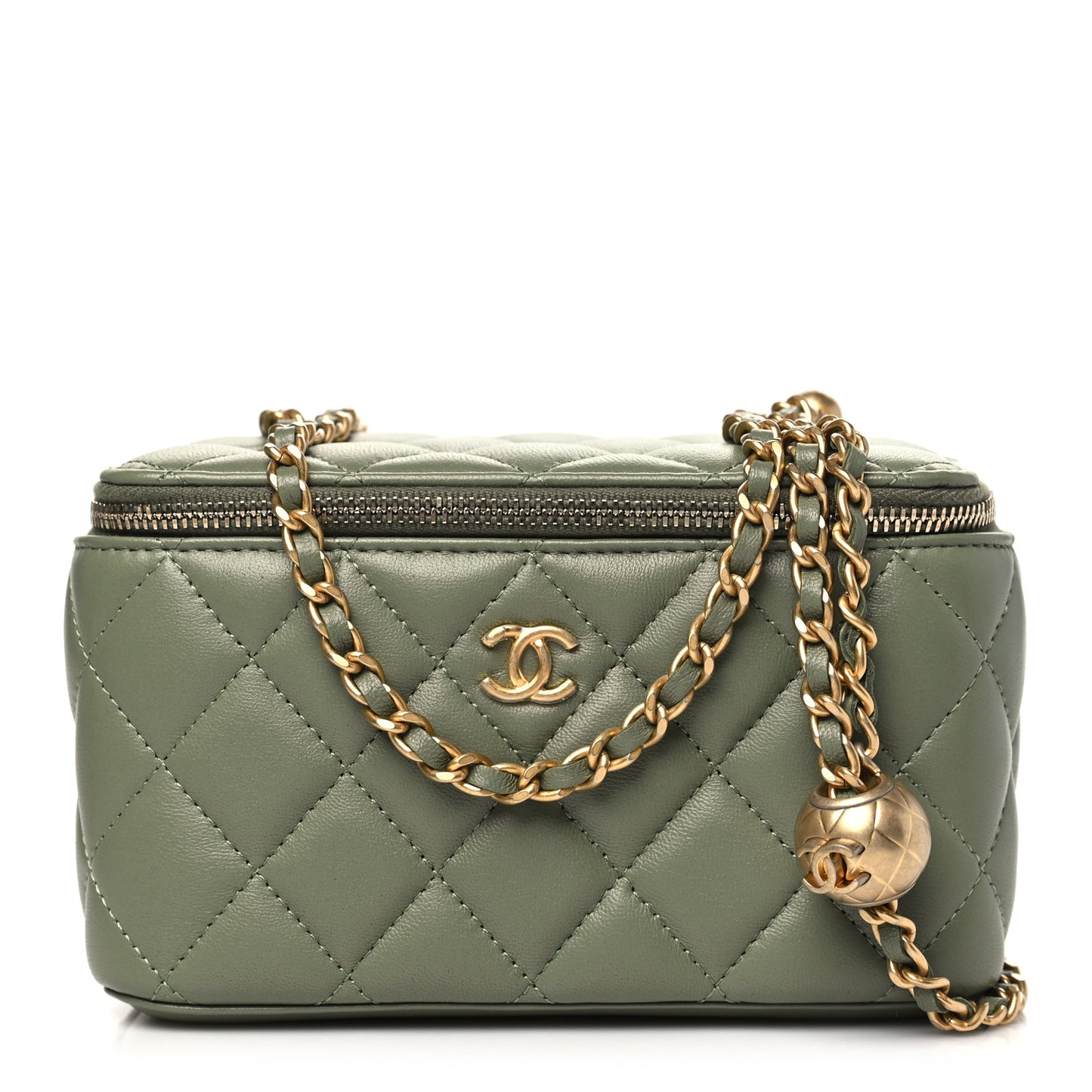 Lambskin Quilted Small Pearl Crush Vanity Case With Chain  Green