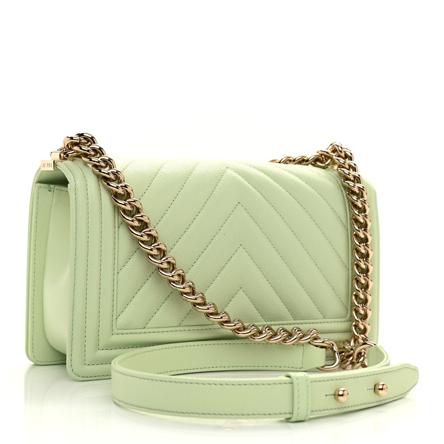 Caviar Chevron Quilted Medium Boy Flap Light Green