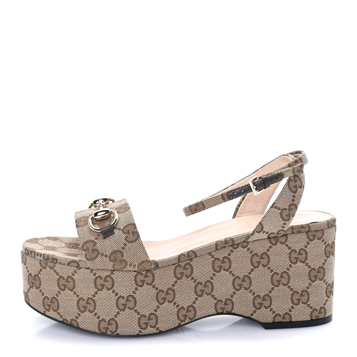 Gucci Monogram Nappa Chalotte Horsebit Ankle Strap 75mm Flatform Sandals 38  Beige Ebony 1 of 7