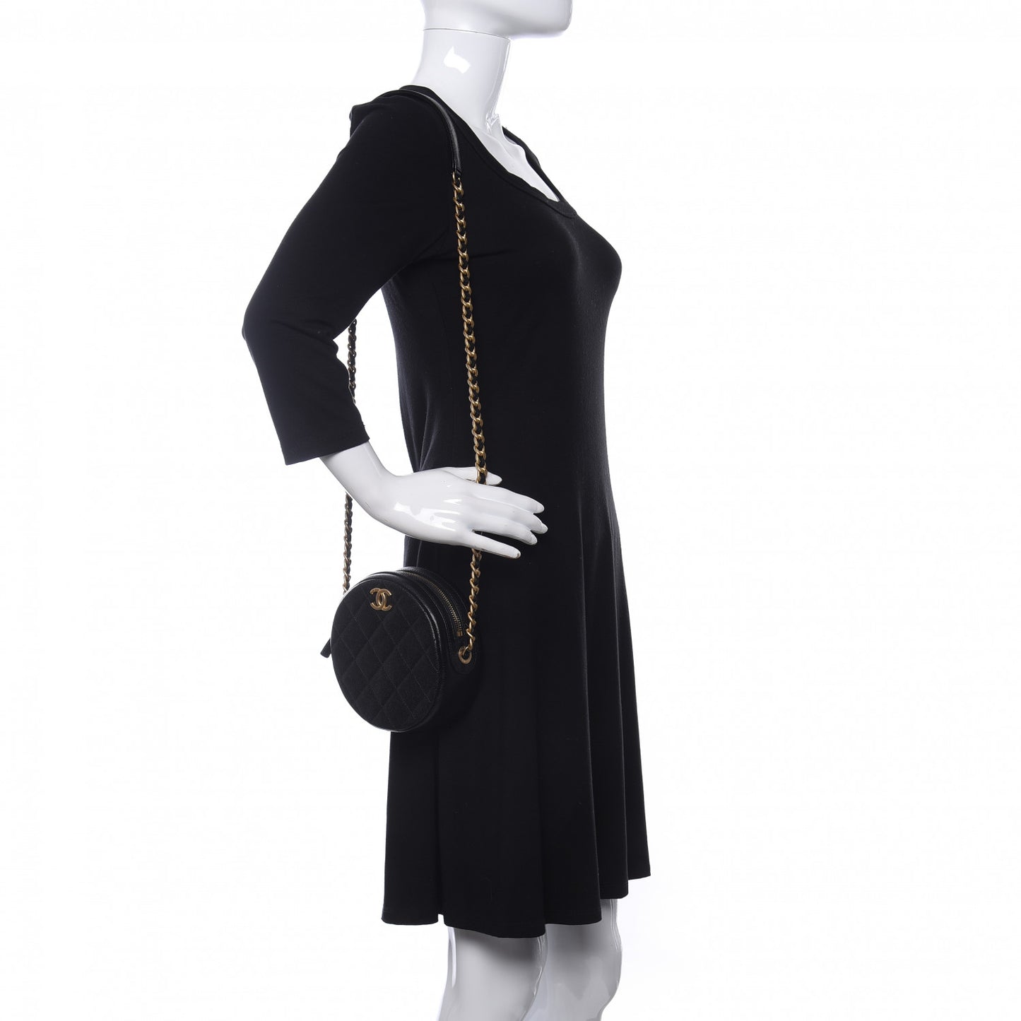 Caviar Quilted Small Round Evening Bag Black